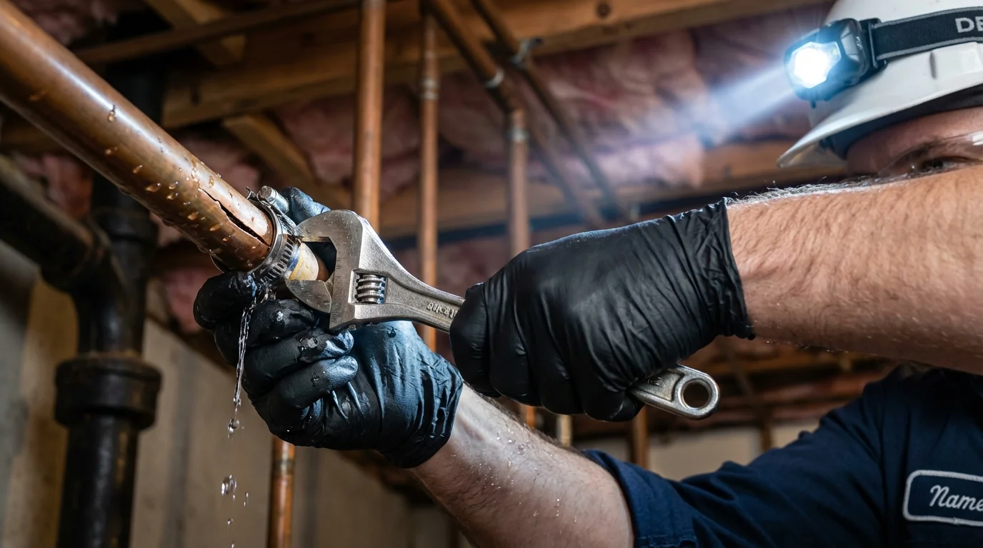 Emergency pipe clamp repair being performed by a Johns Plumbing LLC plumber in Valentine