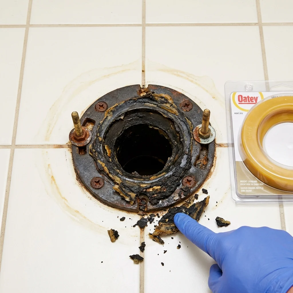 Failed wax ring showing water seepage at the base of a toilet in a Valentine, NE home