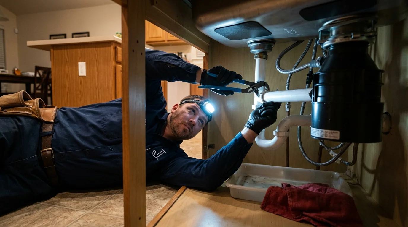P-trap and supply line connections under a kitchen sink showing a common leak point in Valentine, NE
